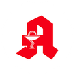 Ein rot-weißes Logo für eine Apotheke mit einer Schlange und einer Tasse