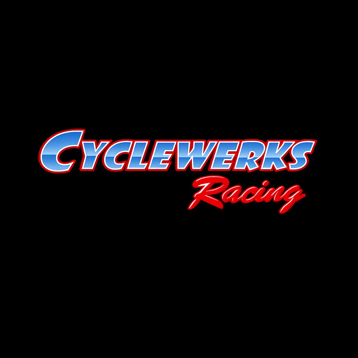 Cyclewerks Racing logo: Blue and red text on a black background.