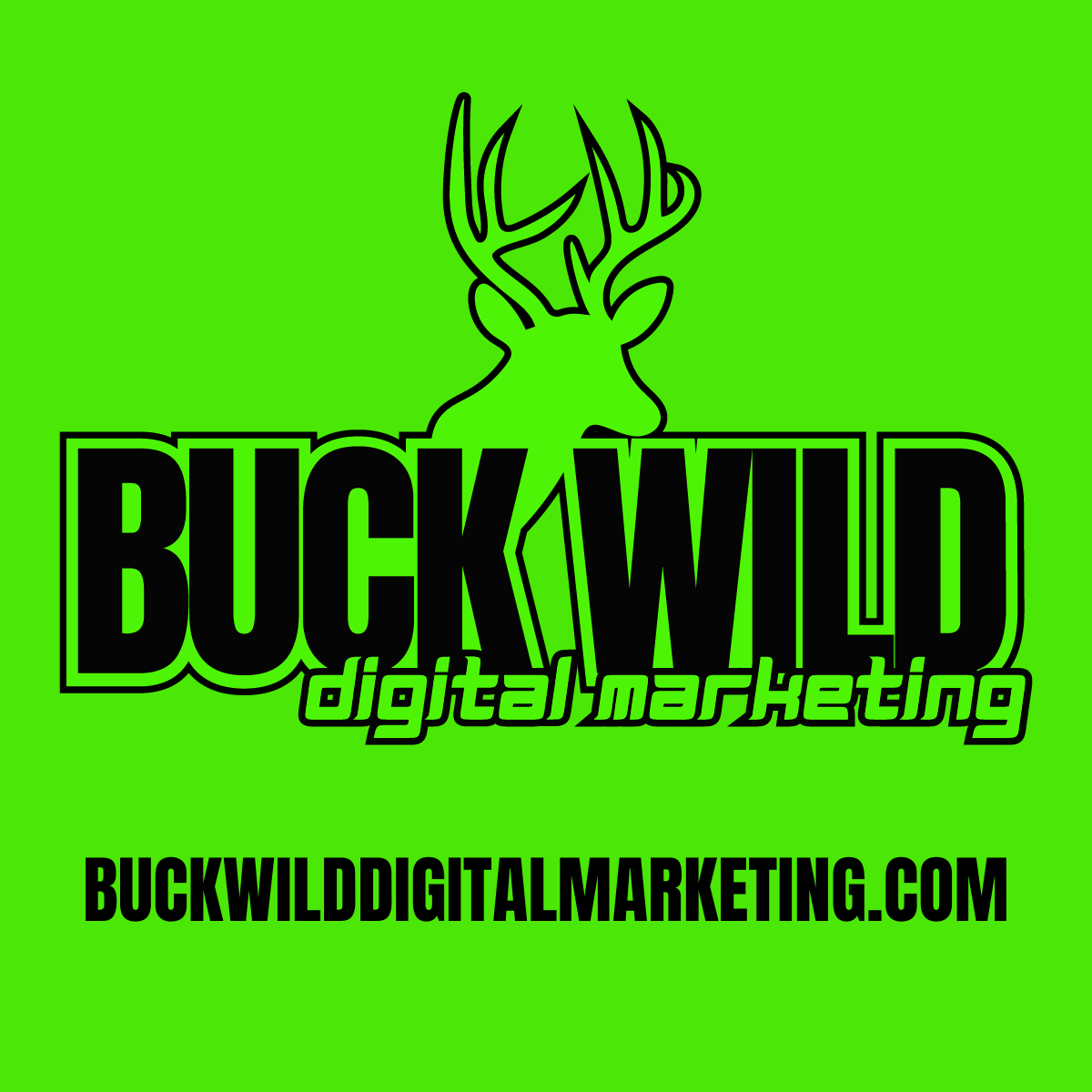 Green square with black text and a deer silhouette, 