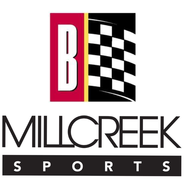 Millcreek Sports logo: red and black checkerboard flag next to red block with white 
