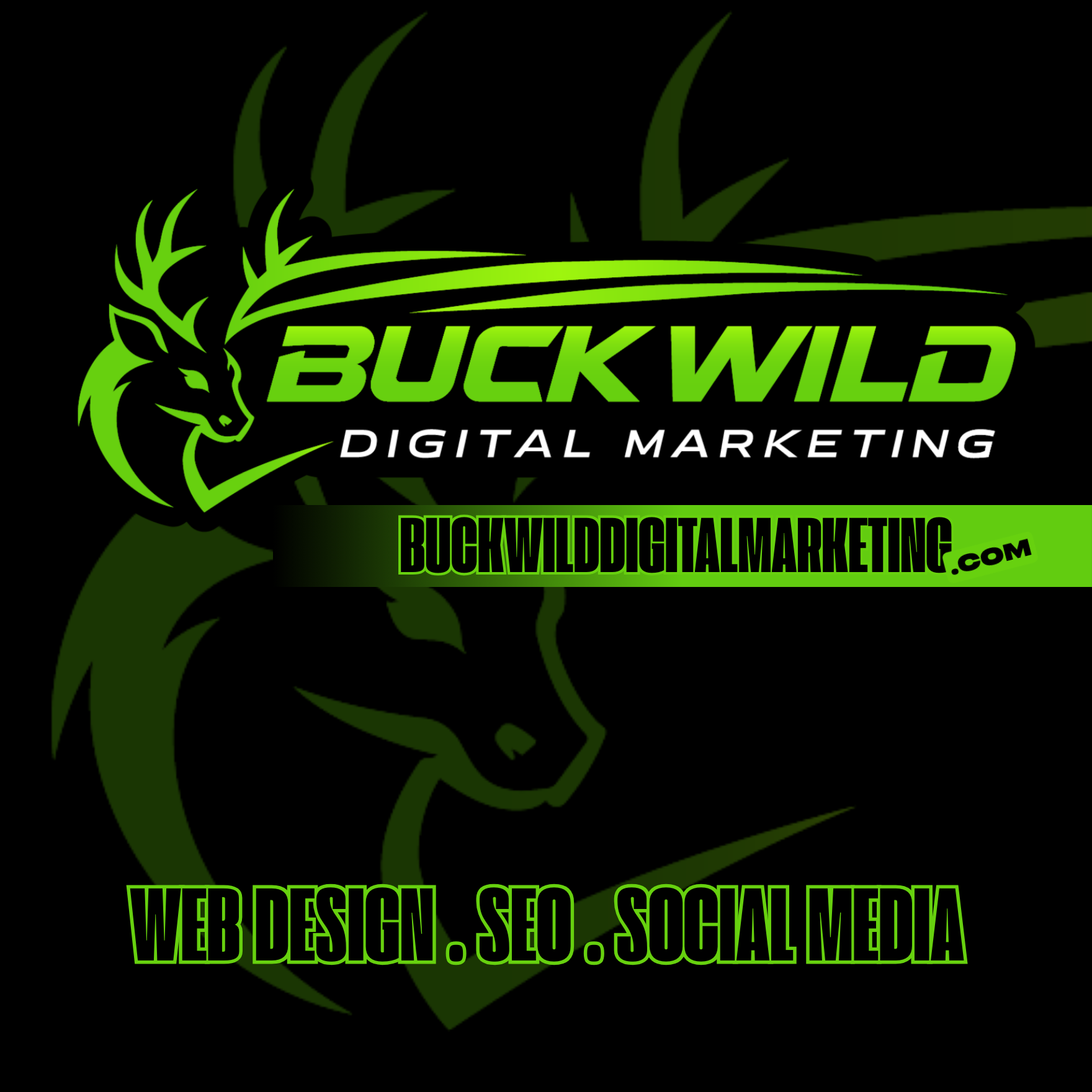 Green square with black text and a deer silhouette,