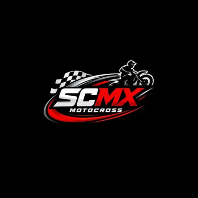 SCMX Motocross logo with rider silhouette, checkered flag, and red swoosh on black background.