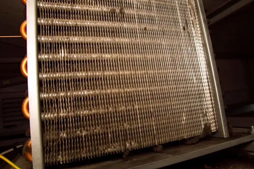 Dirty air conditioner coil with dust and debris.