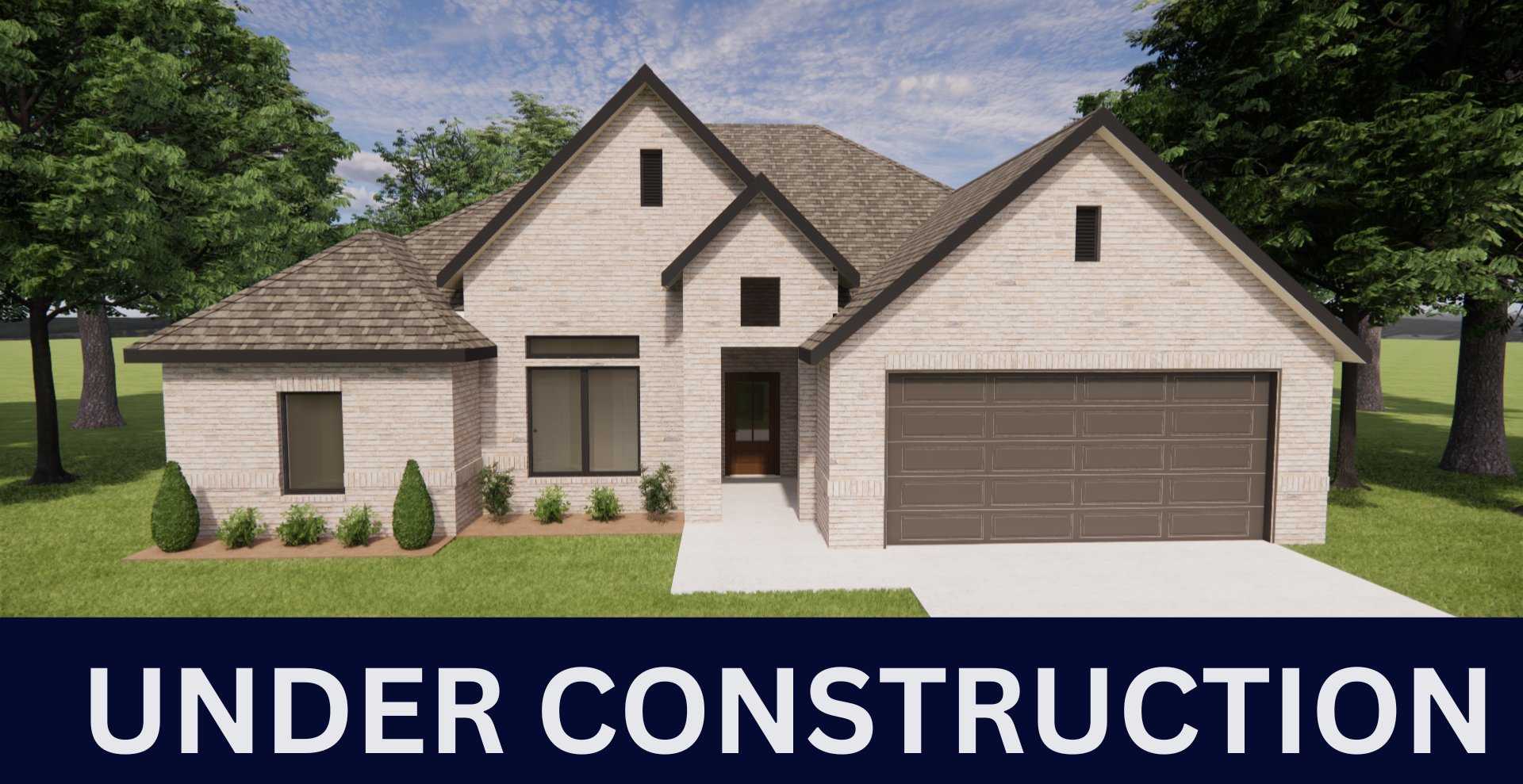 brand new construction home with brown garage door and beige brick
