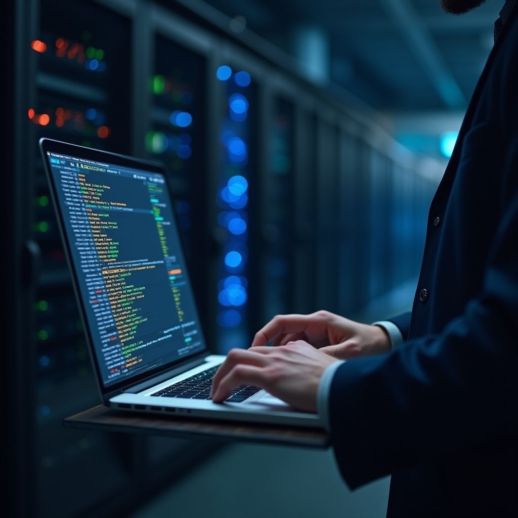 Person coding on a laptop in a server room, with blue and green server lights in the background.
