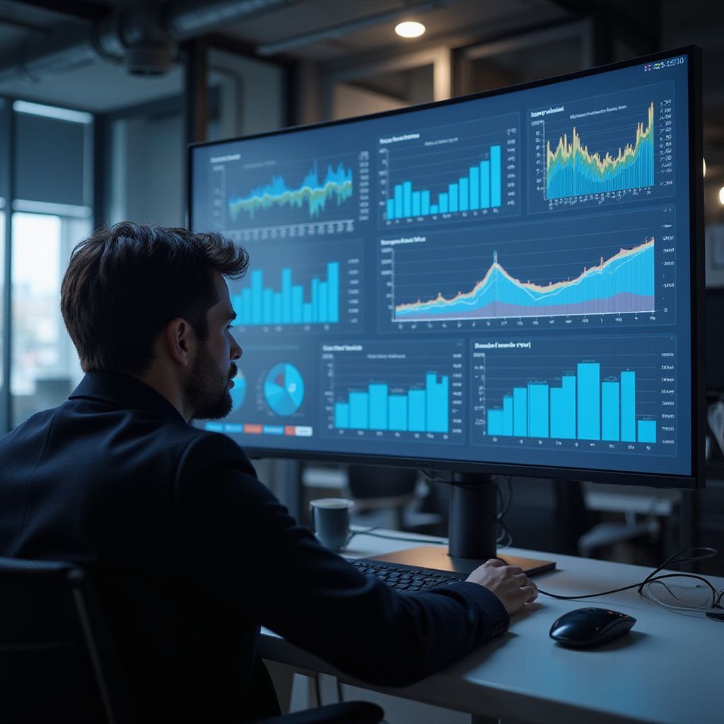 Man analyzes data charts on a large computer screen in an office setting.