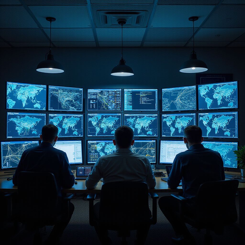 Three people in a dark control room monitor world maps on multiple screens.
