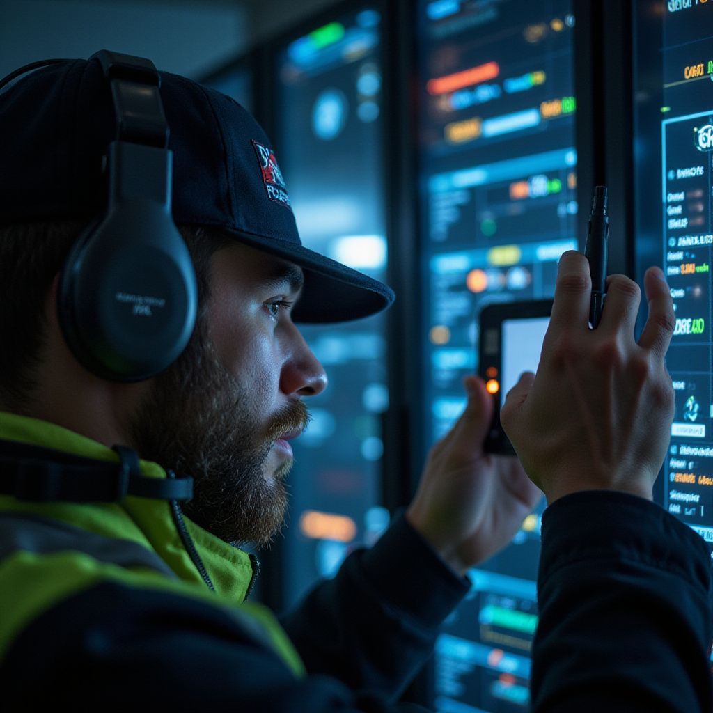 Man in cap and headphones using a tablet in a server room, looking at data displayed on screens.