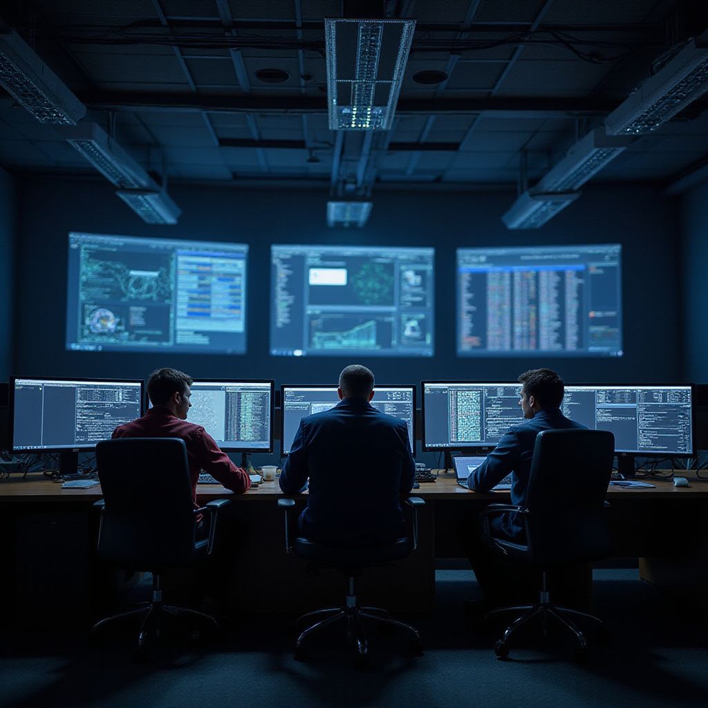Three people in a dark control room sit at computers, viewing screens displaying data; three larger screens hang above.