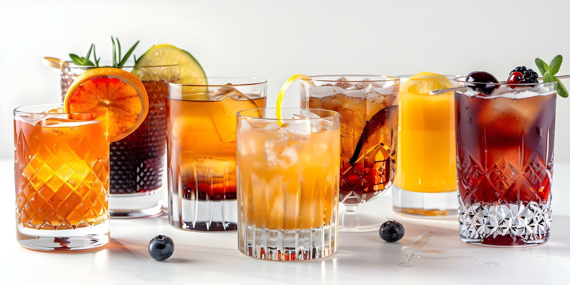 Lineup of fall wedding signature cocktails in crystal glasses with various garnishes