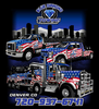 Blue Diamond Towing trucks with American flag design, skyline background, Denver, CO, phone number.
