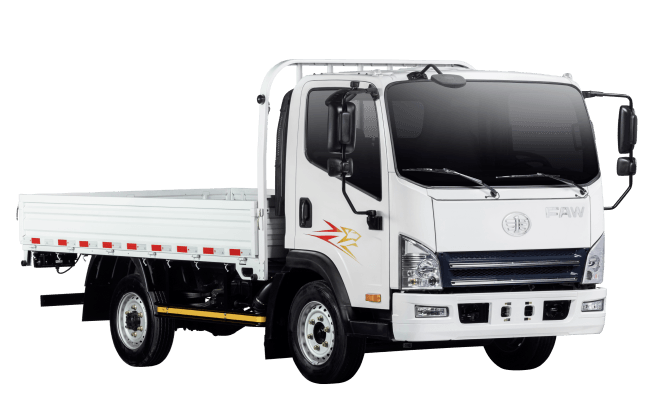 Un camión blanco con plataforma sobre un fondo blanco.