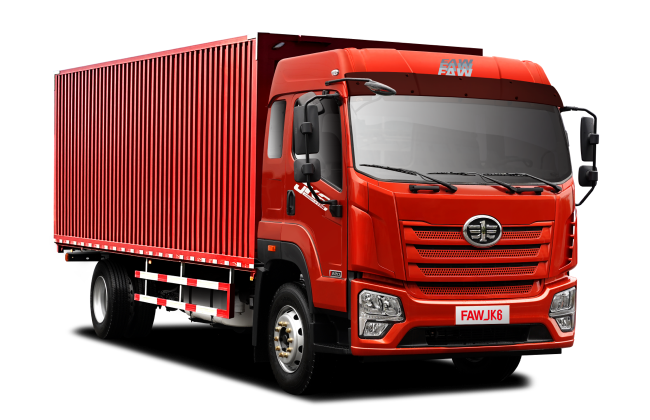 Un camión rojo con un contenedor en la parte trasera está sobre un fondo blanco.