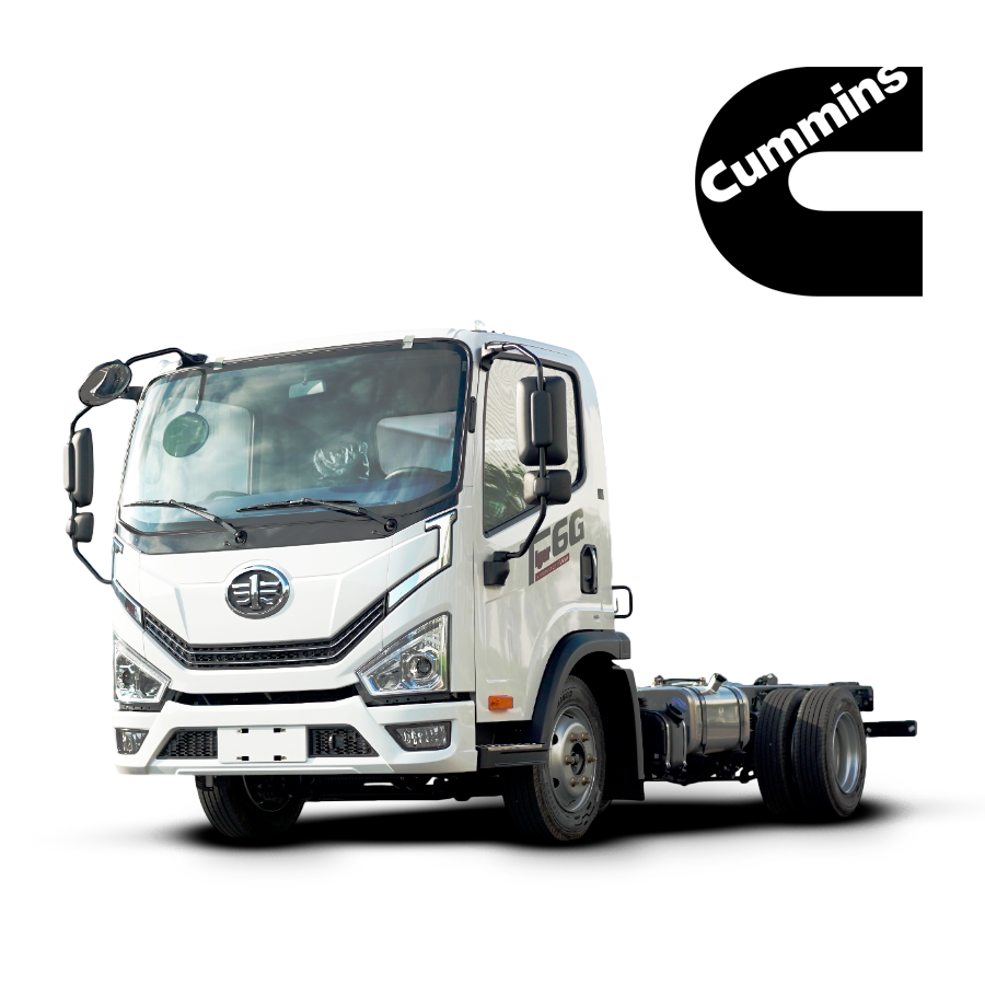 Un camión blanco con plataforma sobre un fondo blanco.