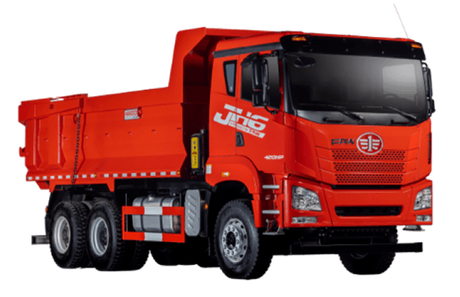 Un camión volquete rojo con las letras JTZ en el costado.