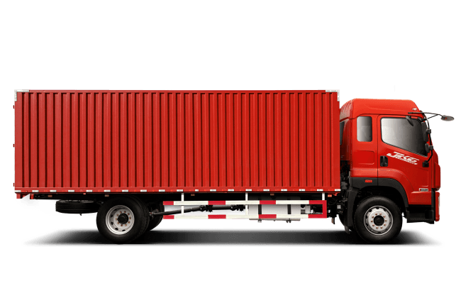 Un camión rojo con un contenedor en la parte trasera está sobre un fondo blanco.