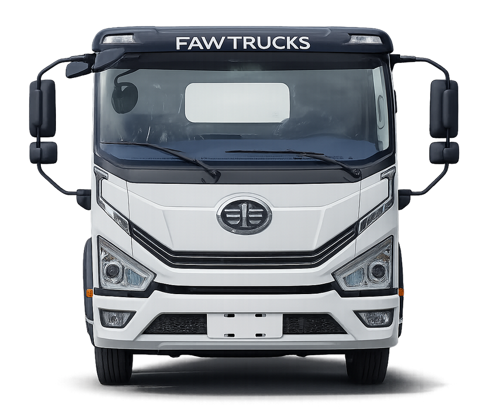 Vista frontal de un camión ligero de cabina adelantada FAW de color blanco sobre un fondo liso.