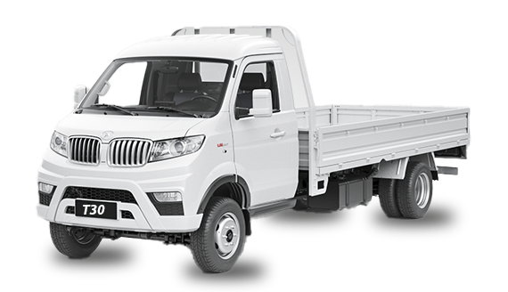 Un camión de reparto de color rojo brillante con un diseño limpio y moderno, que se muestra sobre un fondo blanco liso.