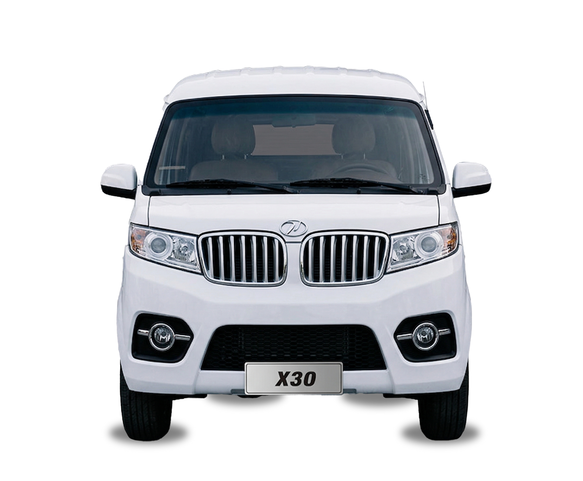 Vista frontal de un camión comercial FAW blanco con cabina sobre el motor, con un logotipo prominente centrado y grandes espejos laterales.