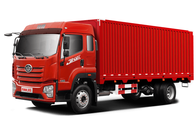 Un camión rojo está estacionado sobre un fondo blanco.