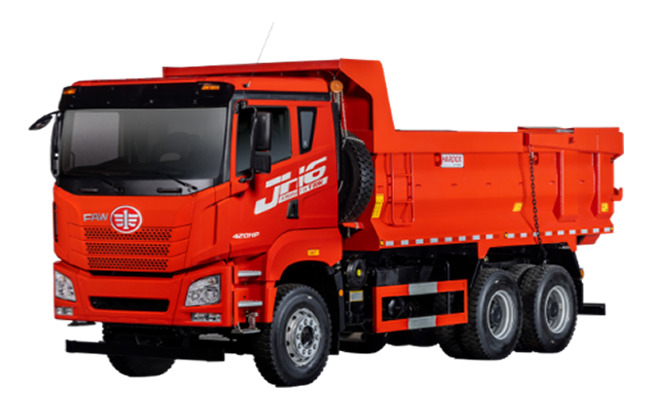 Un camión volquete rojo está sobre un fondo blanco.