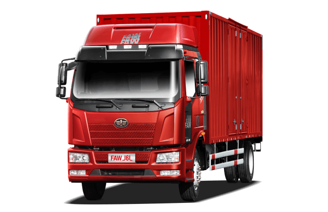 Un camión rojo está estacionado sobre un fondo blanco.