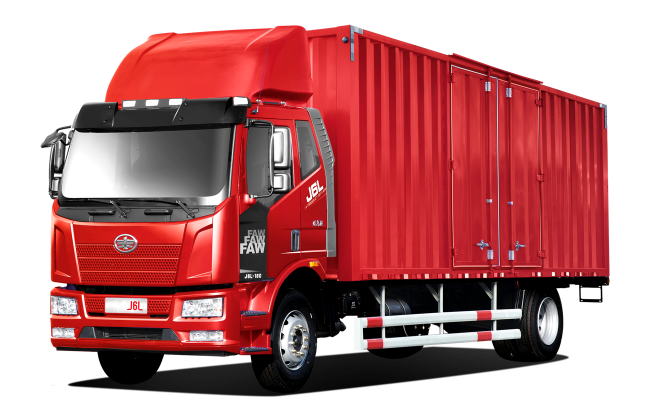 Un camión rojo está estacionado sobre un fondo blanco.