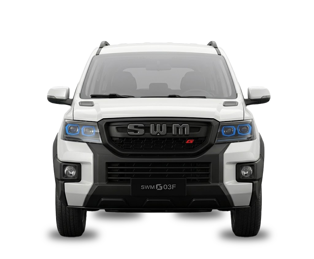 Vista frontal de un camión comercial FAW blanco con cabina sobre el motor, con un logotipo prominente centrado y grandes espejos laterales.