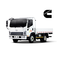 Un camión de plataforma blanca, ligero y de uso general, orientado hacia la izquierda, con el logotipo de Cummins en la esquina superior derecha sobre un fondo blanco.