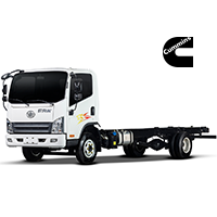 Chasis blanco de camión de servicio mediano con el logotipo del motor Cummins en la esquina superior derecha.