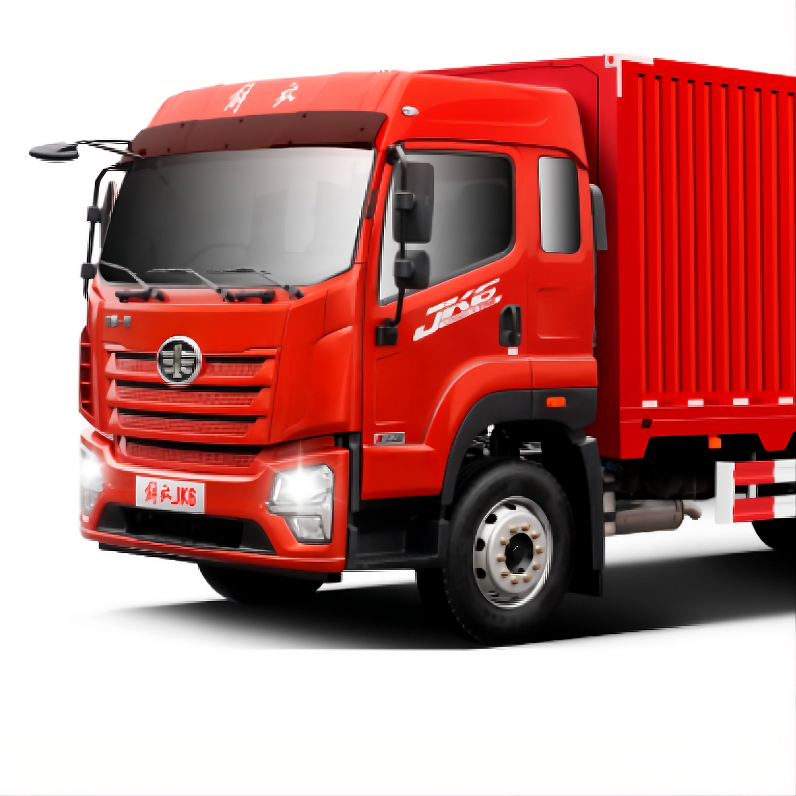 Un camión comercial FAW J6 de color rojo brillante, inclinado hacia la derecha sobre un fondo blanco liso.