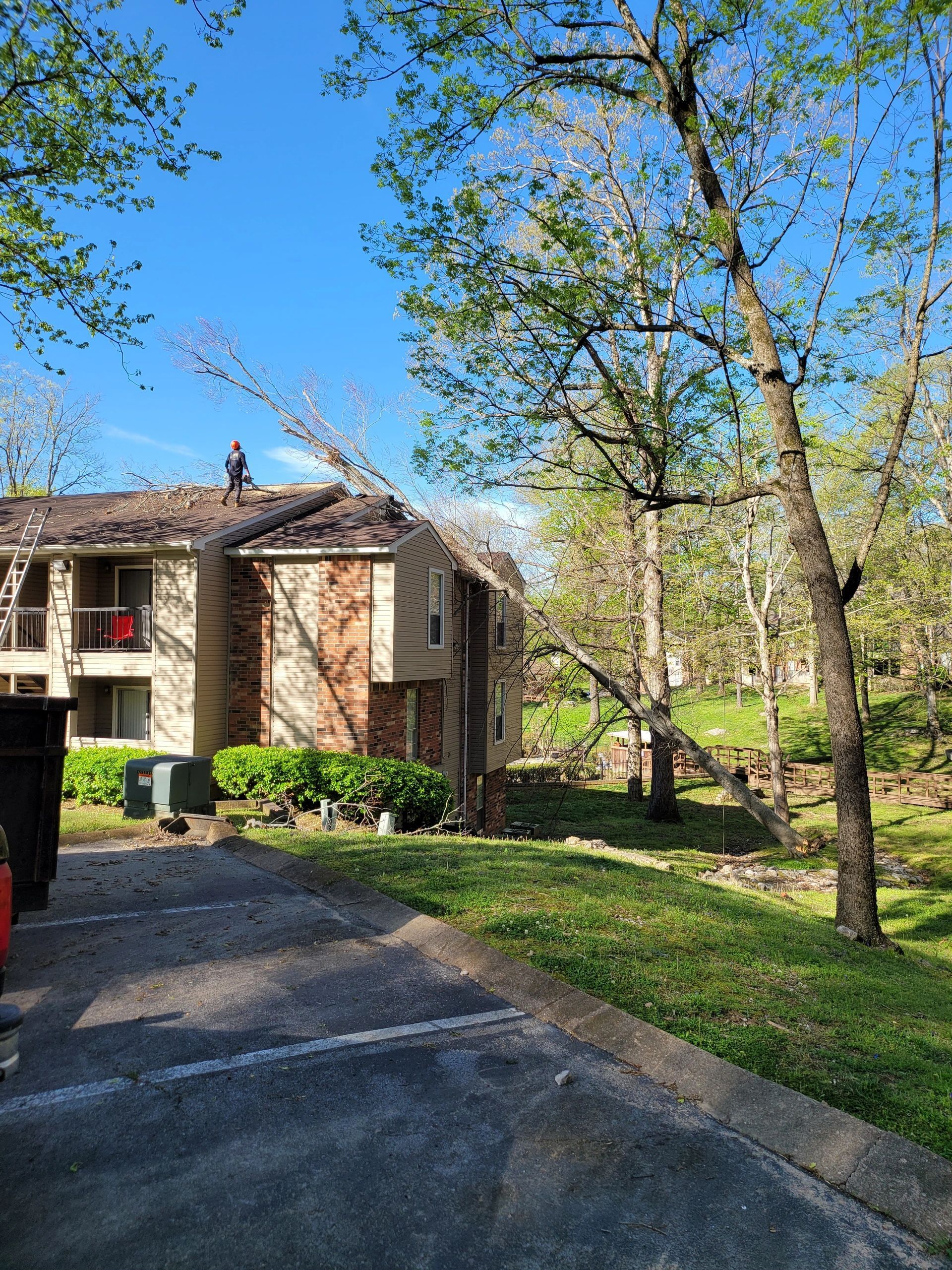 Apartment building with a person on the roof, trees, and a blue sky.