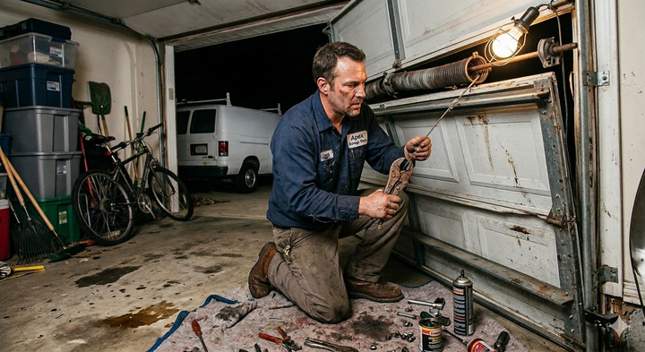 Technician repairing a garage door spring.