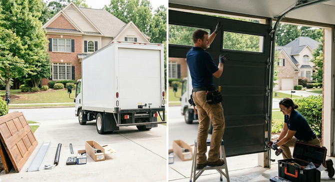 Installation of a modern dark gray garage door.