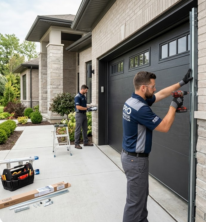 Installation of a modern dark gray garage door.