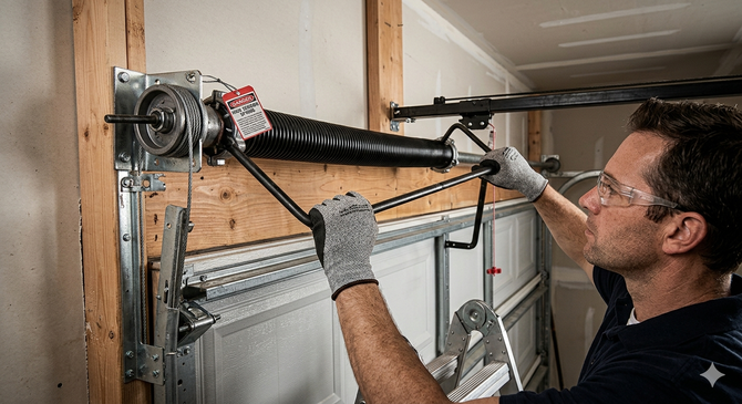 Technician adjusting garage door torsion spring.