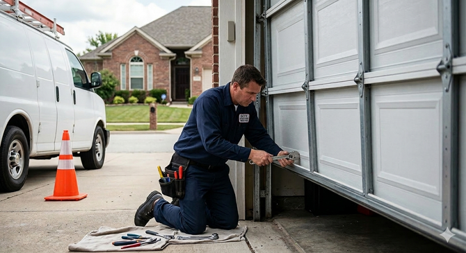 Technician repairing a residential garage door