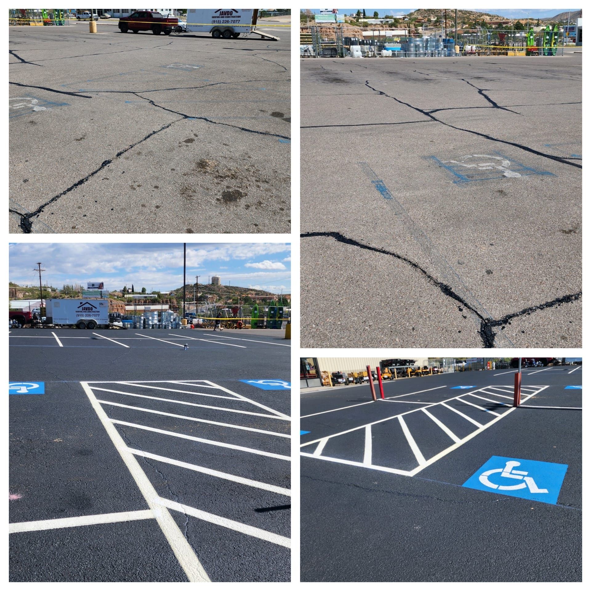 A collage of pictures of a parking lot with a handicap sign