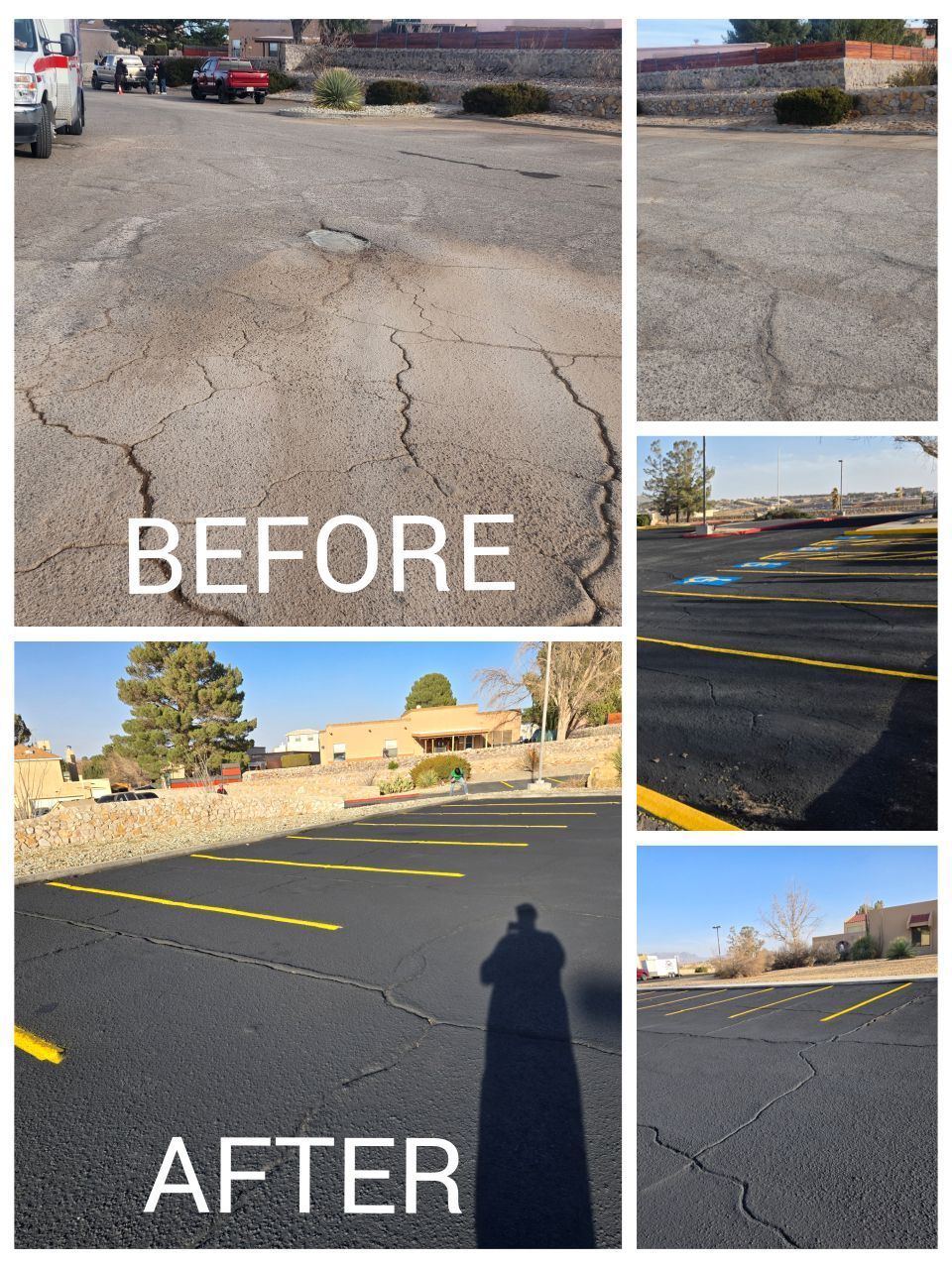 A before and after photo of a parking lot