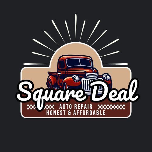 The logo for square deal auto repair is a red truck with a sun behind it.