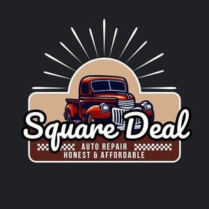 The logo for square deal auto repair is a red truck with a sun behind it.