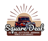 The logo for square deal auto repair is a red truck with a sun behind it.