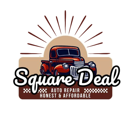 The logo for square deal auto repair is a red truck with a sun behind it.
