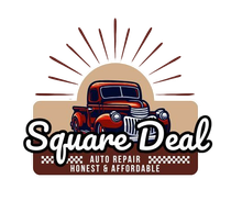 The logo for square deal auto repair is a red truck with a sun behind it.
