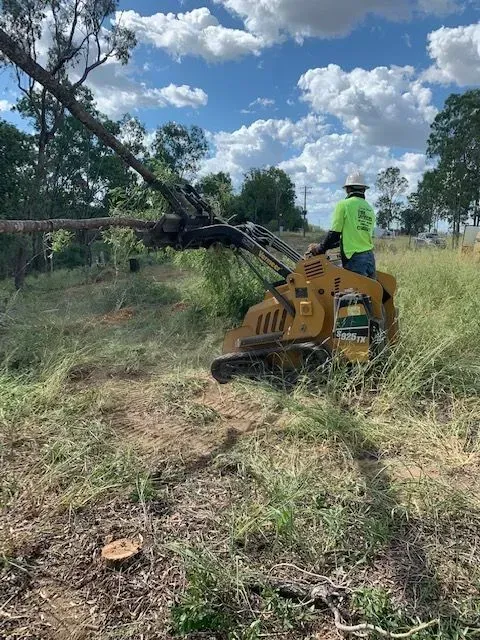 A person operating a yellow stump grinder to remove a fallen tree trunk in a grassy field — Boyne Island Tree Services in Boyne Island, QLD