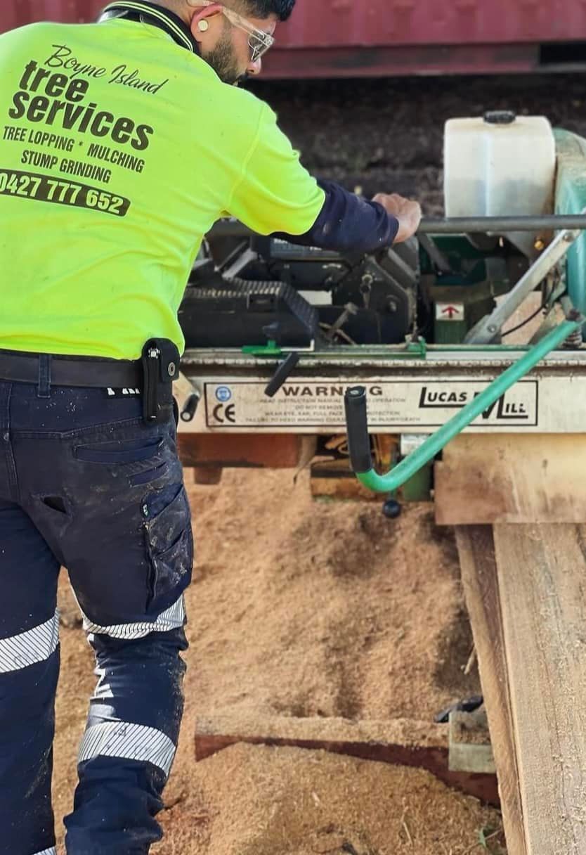 A Man Wearing a Yellow Shirt that Says Tree Services — Boyne Island Tree Services in Boyne Island, QLD