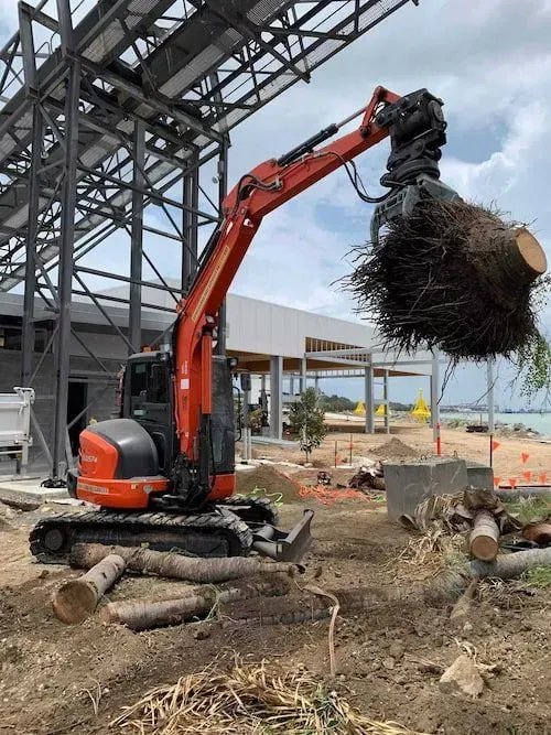 Red excavator removes tree roots near a building under construction on a cloudy day — Boyne Island Tree Services in Boyne Island, QLD