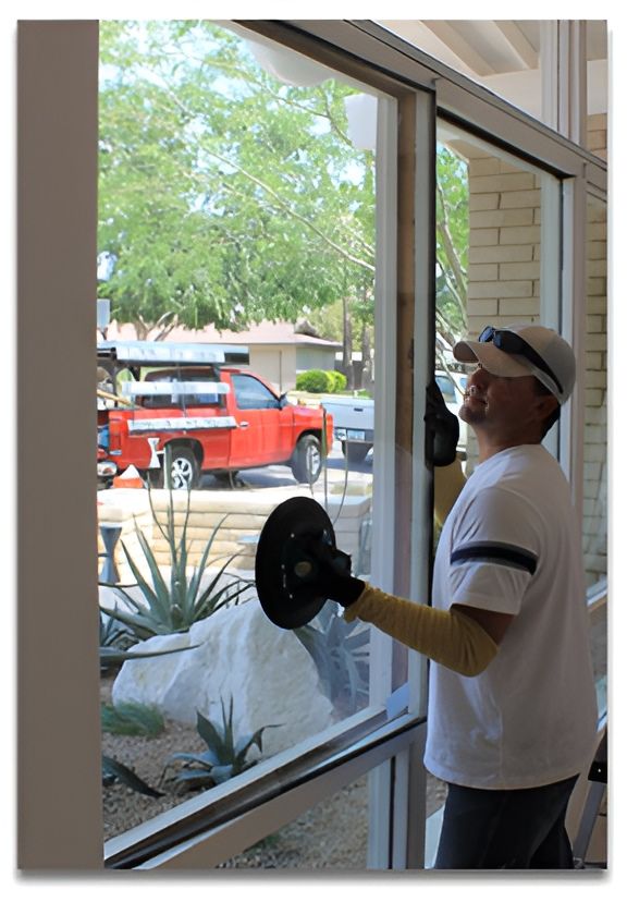 A Man is Installing a Glass Window in a Building — Darwin Glass in Yarrawonga, NT