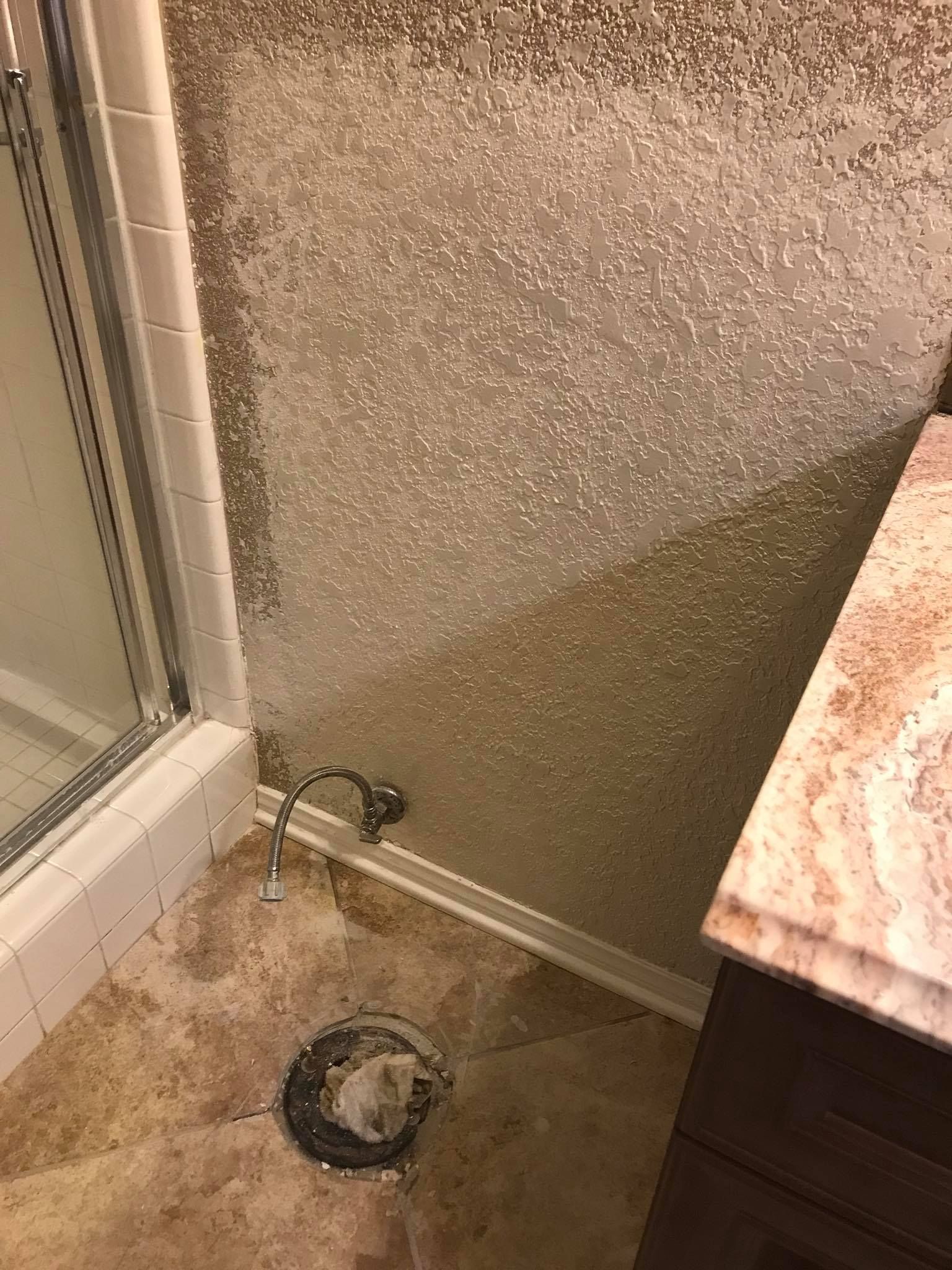 A bathroom with a shower stall and a sink.