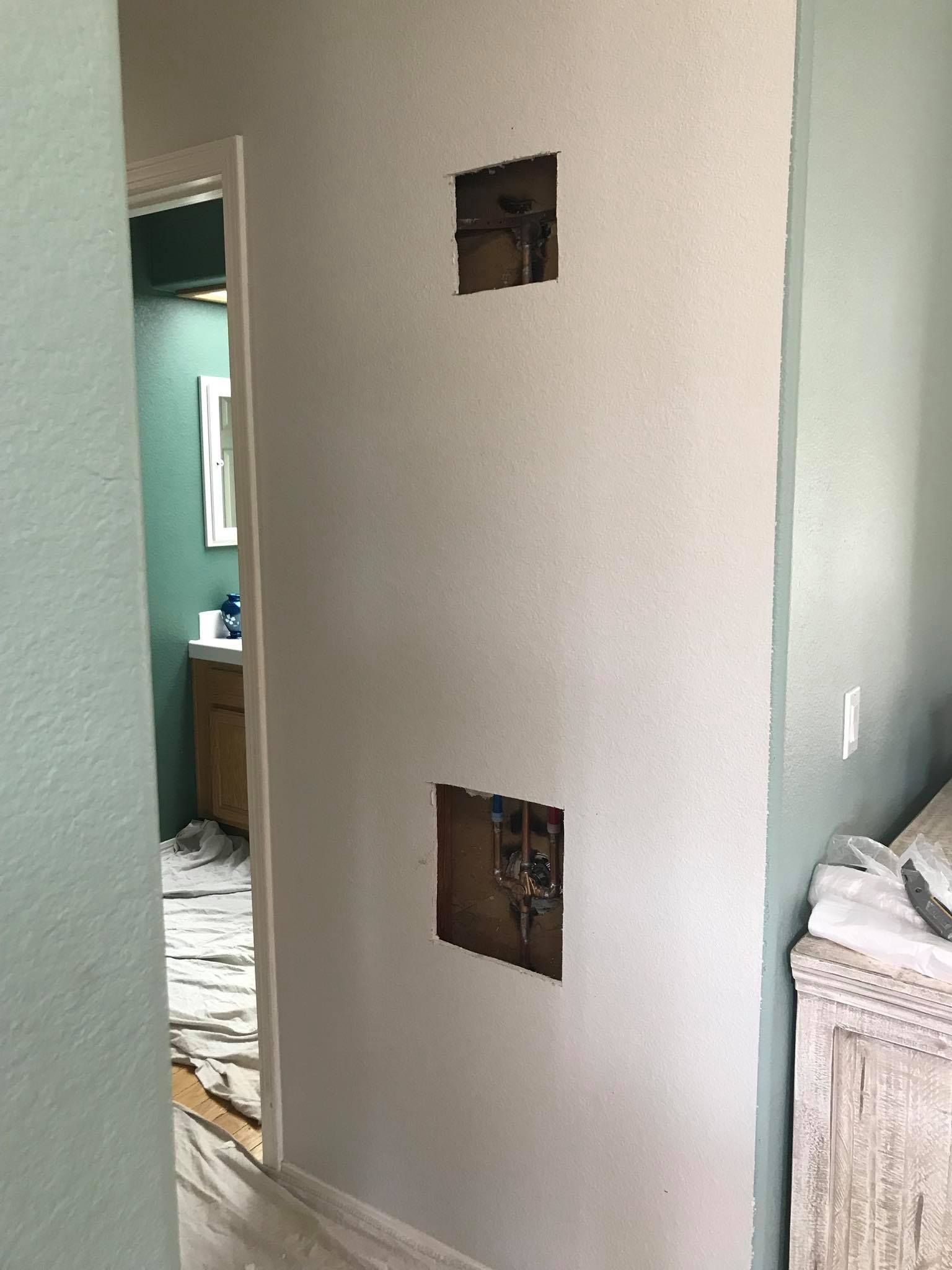 There are two holes in the wall in the hallway.